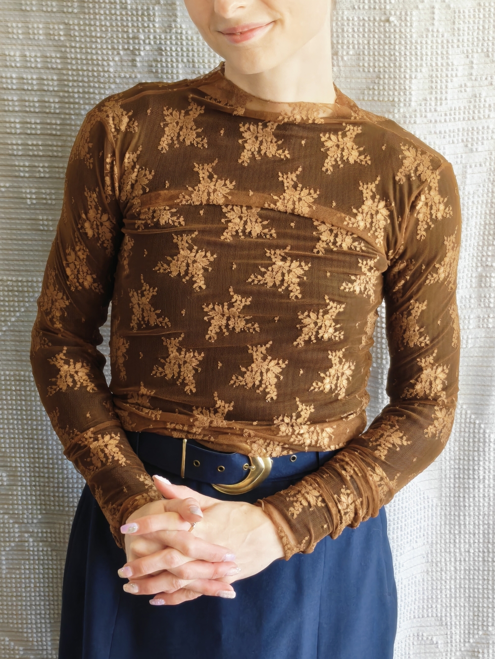 Free People Intimately Sheer Brown Lace Mesh Layering Top | Long Sleeve | XXS/XS